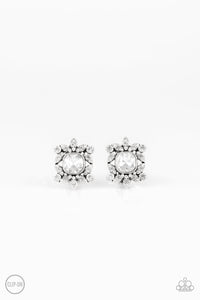 Paparazzi First-Rate Famous - White - Rhinestones - Dainty Silver Clip On Earrings - $5 Jewelry with Ashley Swint
