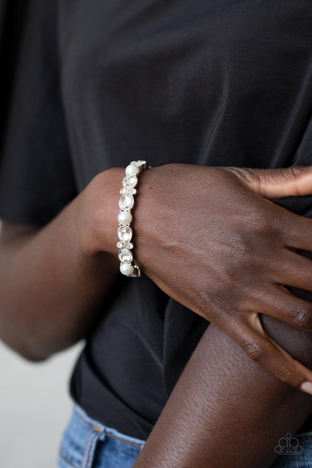 Paparazzi Frosted Finery - White - Glittery Teardrop Rhinestones - Stretchy Bands - Bracelet - $5 Jewelry with Ashley Swint