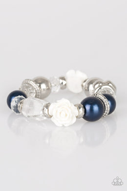 Paparazzi Here I Am - Blue - White Rose - Stretchy Bracelet - $5 Jewelry With Ashley Swint