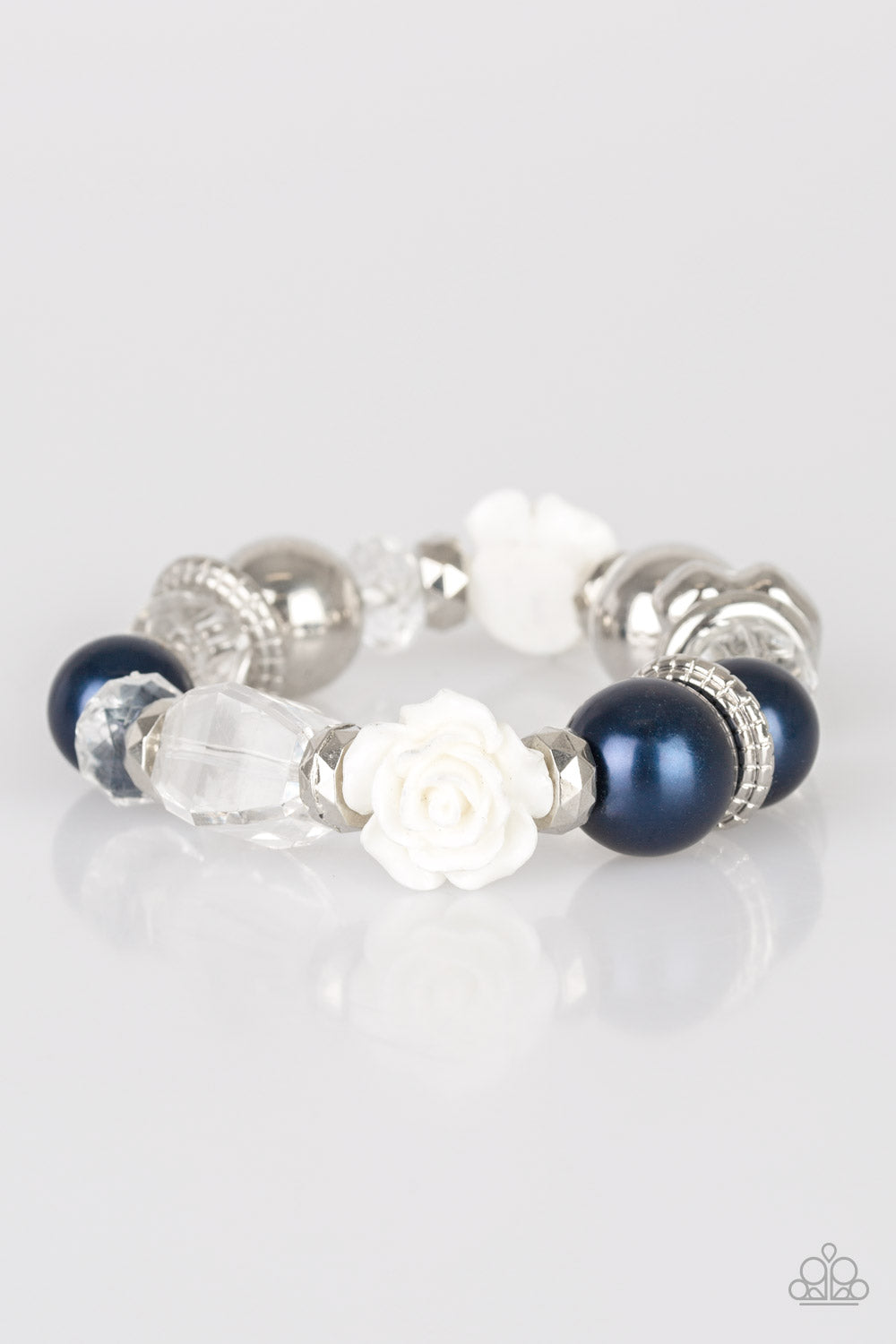 Paparazzi Here I Am - Blue - White Rose - Stretchy Bracelet - $5 Jewelry With Ashley Swint