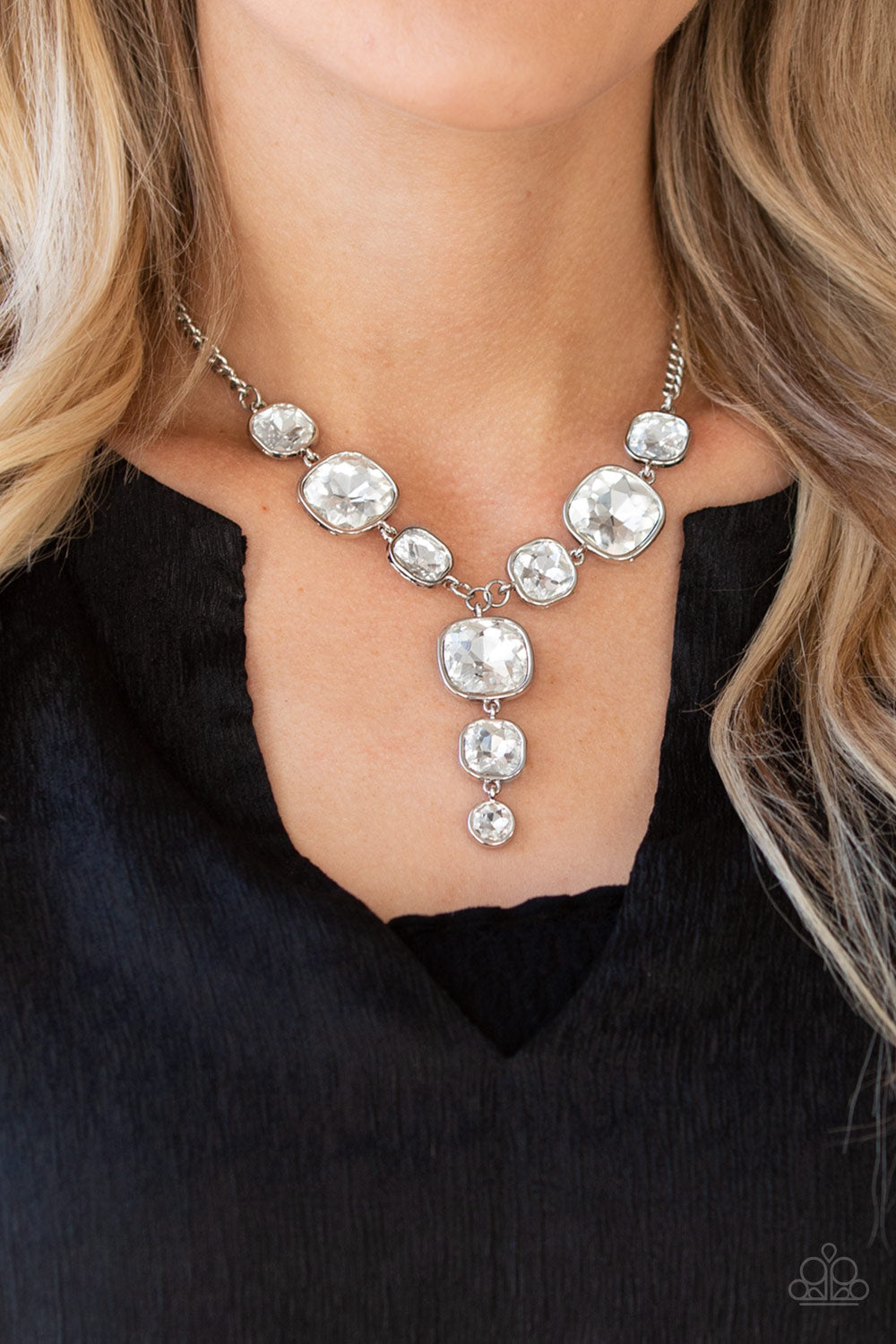 Paparazzi Legendary Luster - White Gems - Thick Silver Chain - Necklace & Earrings - $5 Jewelry with Ashley Swint