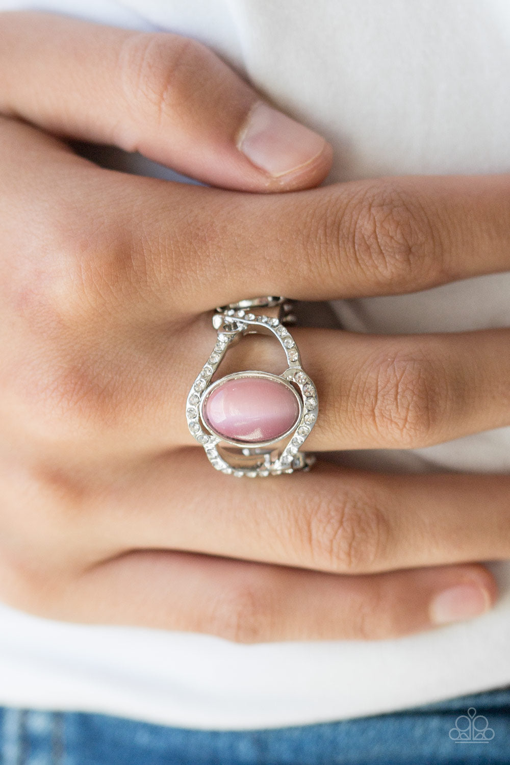 Paparazzi Moulin Moon - Pink Moonstone - Rhinestones - Silver Ring - $5 Jewelry With Ashley Swint