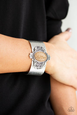 Paparazzi Yes I CANYON - Brown Stone - Silver Hammered Cuff - Bracelet - $5 Jewelry With Ashley Swint
