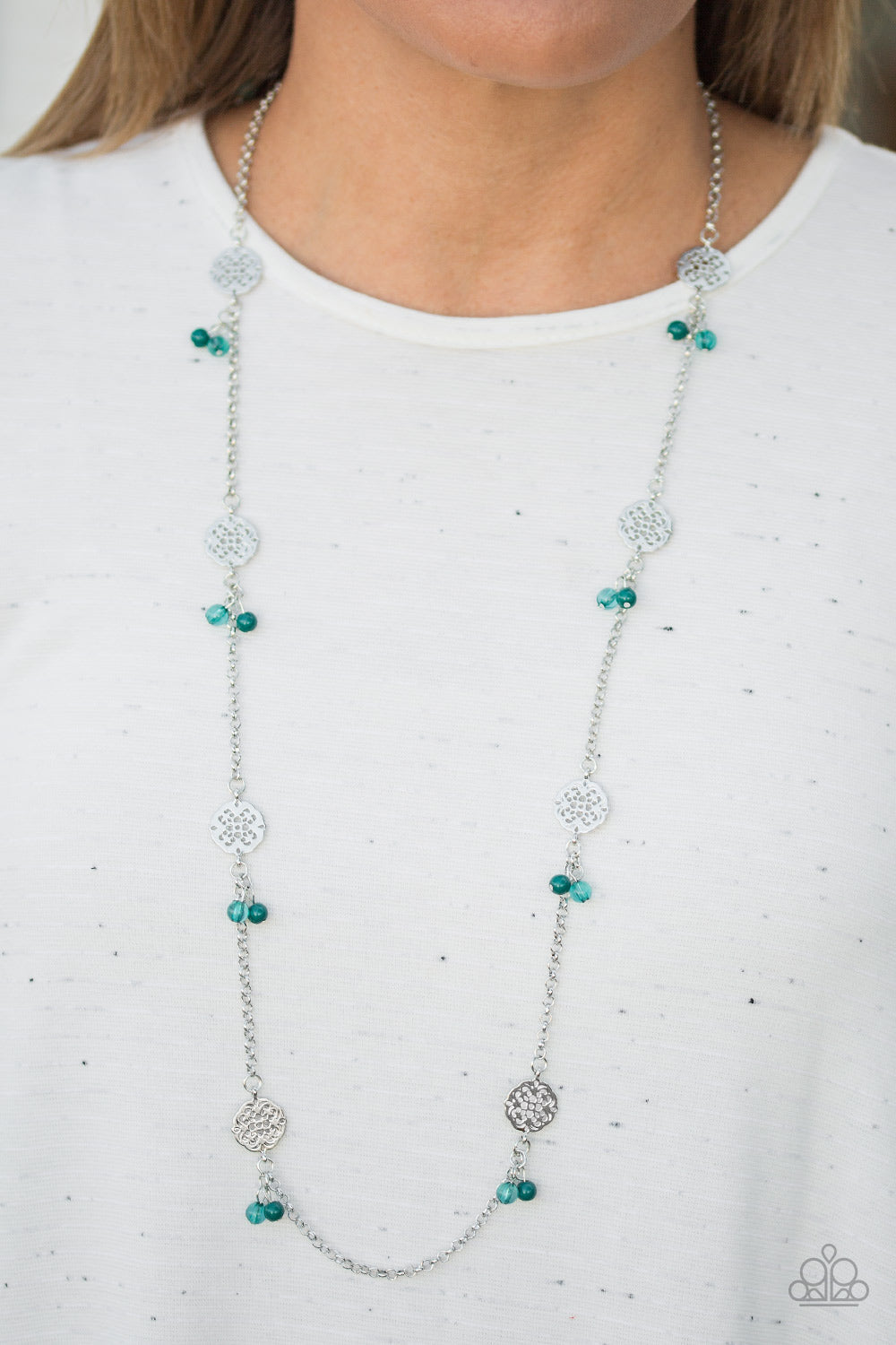 Paparazzi Color Boost - Green Beads - Silver Chain - Necklace and matching Earrings - $5 Jewelry With Ashley Swint