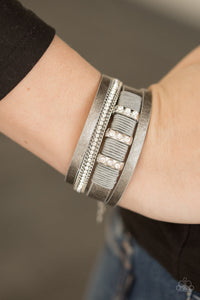 Paparazzi FAME Night - Silver / Gray Leather - White Rhinestones - Silver Adjustable Chain - Bracelet - $5 Jewelry With Ashley Swint