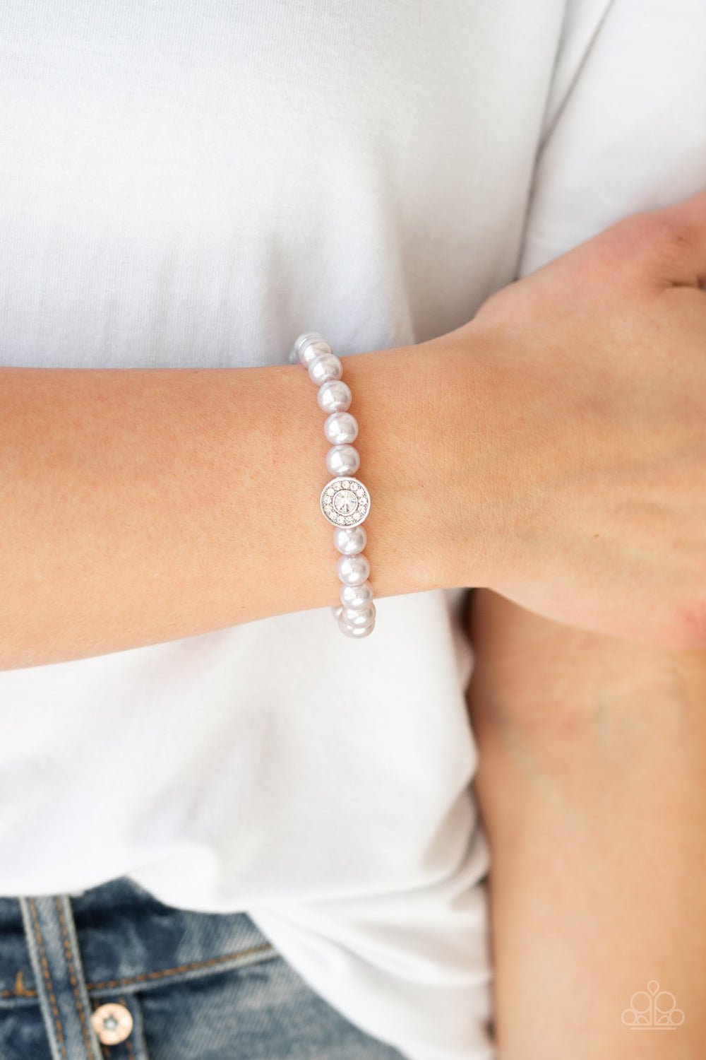 Paparazzi Follow My Lead - Silver - Pearls - White Rhinestone - Stretchy Bracelet - $5 Jewelry with Ashley Swint