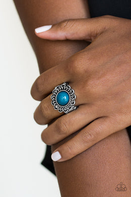 Paparazzi Garden Stroll - Blue Bead - Silver Floral Frame Swirling Detail - Ring - $5 Jewelry With Ashley Swint