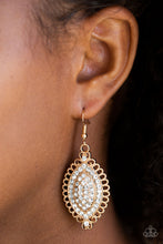 Load image into Gallery viewer, Paparazzi Pretty Prestigious - Gold - White Rhinestones - Marquise Shaped - Earrings - $5 Jewelry With Ashley Swint