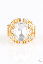 Load image into Gallery viewer, Paparazzi Queen of Hustle - Gold - White Gem - Rhinestones - Frilly Filigree Ring - $5 Jewelry with Ashley Swint