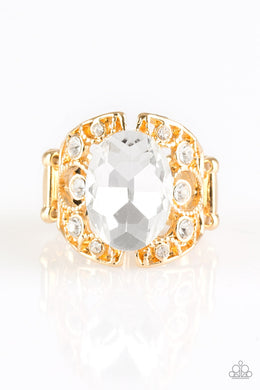 Paparazzi Queen of Hustle - Gold - White Gem - Rhinestones - Frilly Filigree Ring - $5 Jewelry with Ashley Swint