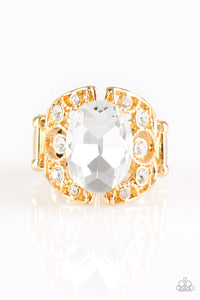 Paparazzi Queen of Hustle - Gold - White Gem - Rhinestones - Frilly Filigree Ring - $5 Jewelry with Ashley Swint