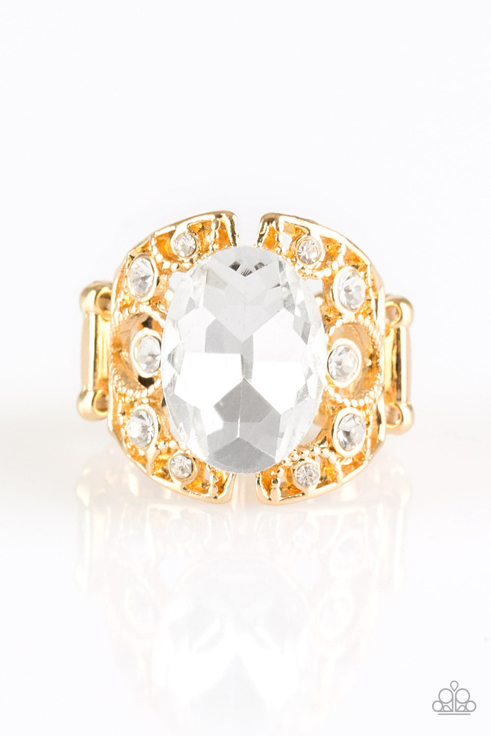 Paparazzi Queen of Hustle - Gold - White Gem - Rhinestones - Frilly Filigree Ring - $5 Jewelry with Ashley Swint