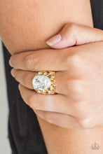 Load image into Gallery viewer, Paparazzi Queen of Hustle - Gold - White Gem - Rhinestones - Frilly Filigree Ring - $5 Jewelry with Ashley Swint