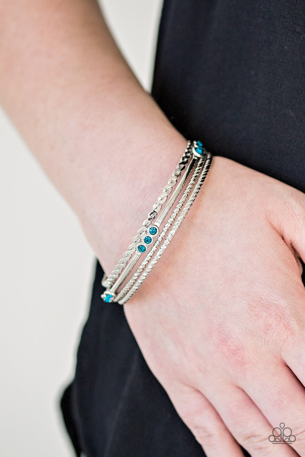 Paparazzi Subtle Shimmer - Blue Rhinestones - Set of 4 Bangle Bracelets - $5 Jewelry With Ashley Swint