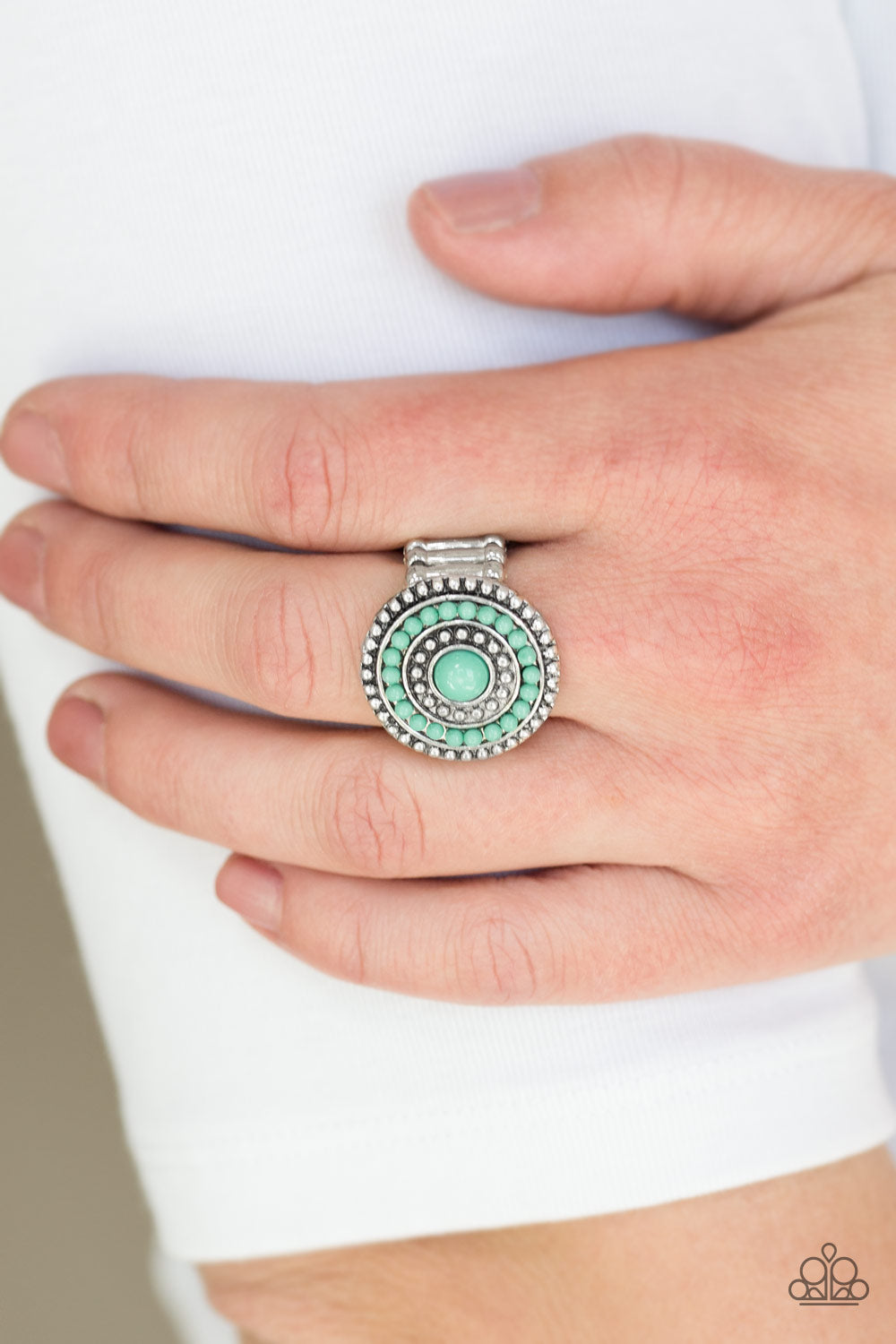 Paparazzi Tide Pools - Green Beads - Silver Studded Ring - $5 Jewelry With Ashley Swint