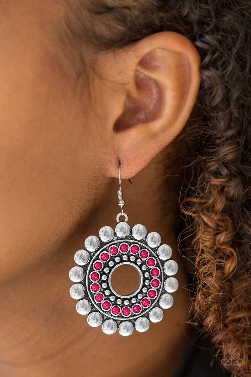 Paparazzi Wildly Serene - Pink - Beaded Center - Silver Discs - Earrings - $5 Jewelry With Ashley Swint
