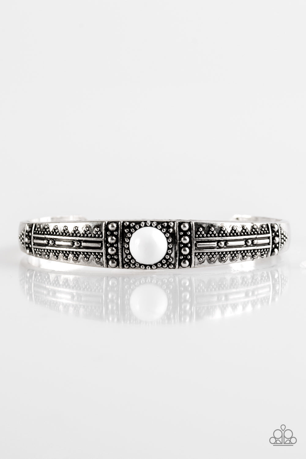 Paparazzi Singing Sahara - White Bead - Silver Cuff Bracelet - $5 Jewelry With Ashley Swint