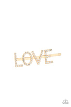 Load image into Gallery viewer, Paparazzi All You Need Is Love - GOLD - White Rhinestones - &quot;LOVE&quot; Bobby Pin / Hair Clip - $5 Jewelry with Ashley Swint