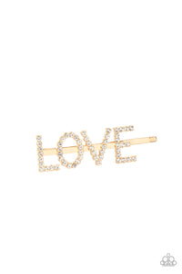 Paparazzi All You Need Is Love - GOLD - White Rhinestones - "LOVE" Bobby Pin / Hair Clip - $5 Jewelry with Ashley Swint