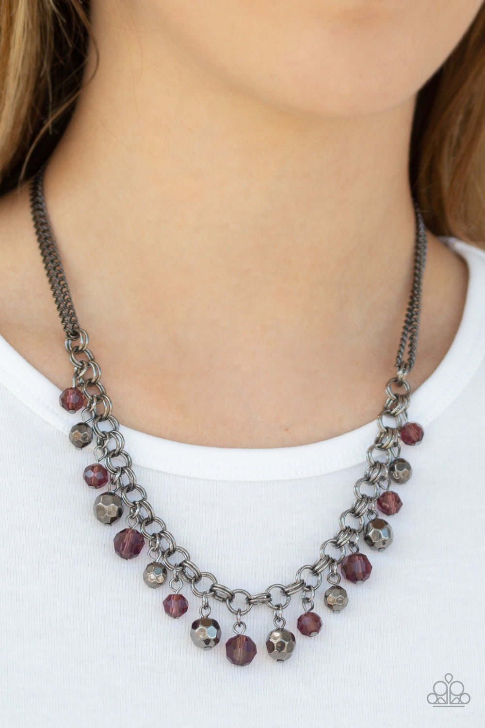 Paparazzi And The Crowd Cheers - Purple - Faceted Beads - Gunmetal Chains Necklace & Earrings - $5 Jewelry With Ashley Swint