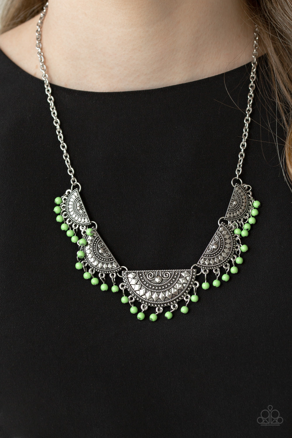 Paparazzi Boho Baby - Green - Half Moon Silver Necklace and matching Earrings - $5 Jewelry with Ashley Swint