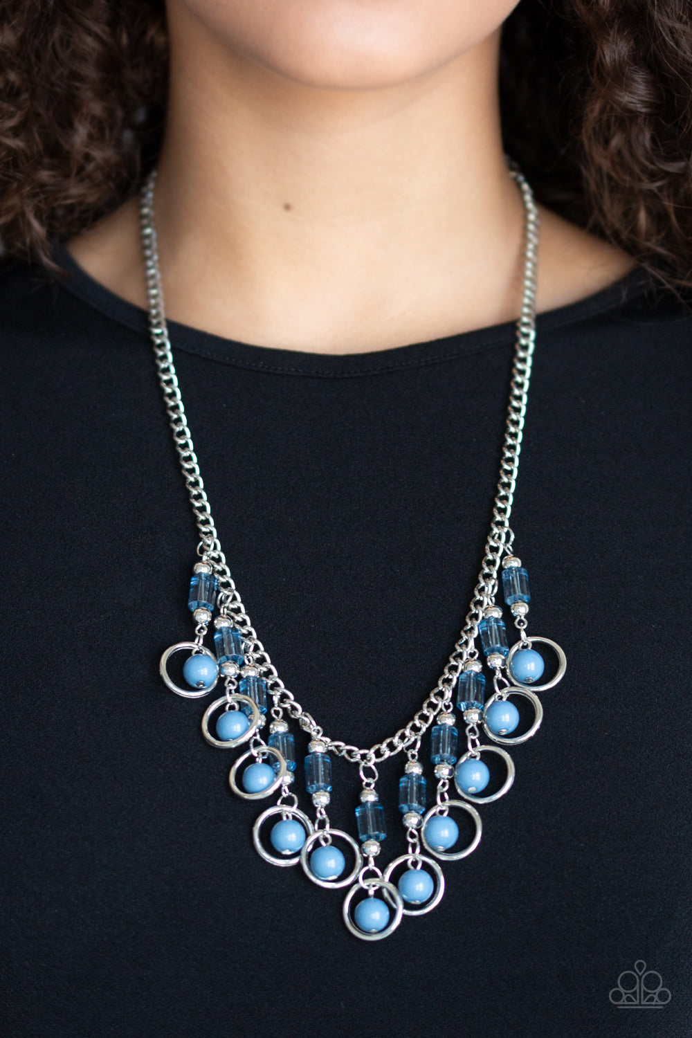Paparazzi Cool Cascade - Blue - Fringe of Silver, Blue and Crystal Beads - Necklace & Earrings - $5 Jewelry With Ashley Swint