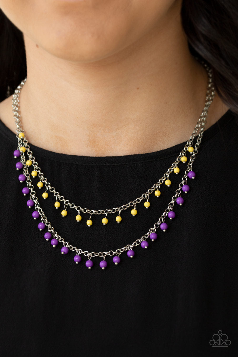 Paparazzi Dainty Distraction - Purple - Yellow Beads - Silver Necklace and matching Earrings - $5 Jewelry with Ashley Swint