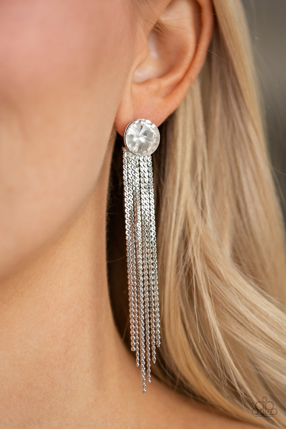 Paparazzi Level Up - White Gem - Silver Chains - Post Earrings - $5 Jewelry with Ashley Swint