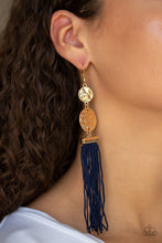 Load image into Gallery viewer, Paparazzi Lotus Gardens - Gold - Blue Cording / Thread / Tassel Streams - Hammered Gold Discs - Earrings - $5 Jewelry with Ashley Swint