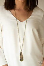 Load image into Gallery viewer, Paparazzi Metro Storm - Green Rhinestones - Brass Teardrop - Brass Chain Necklace &amp; Earrings - $5 Jewelry With Ashley Swint