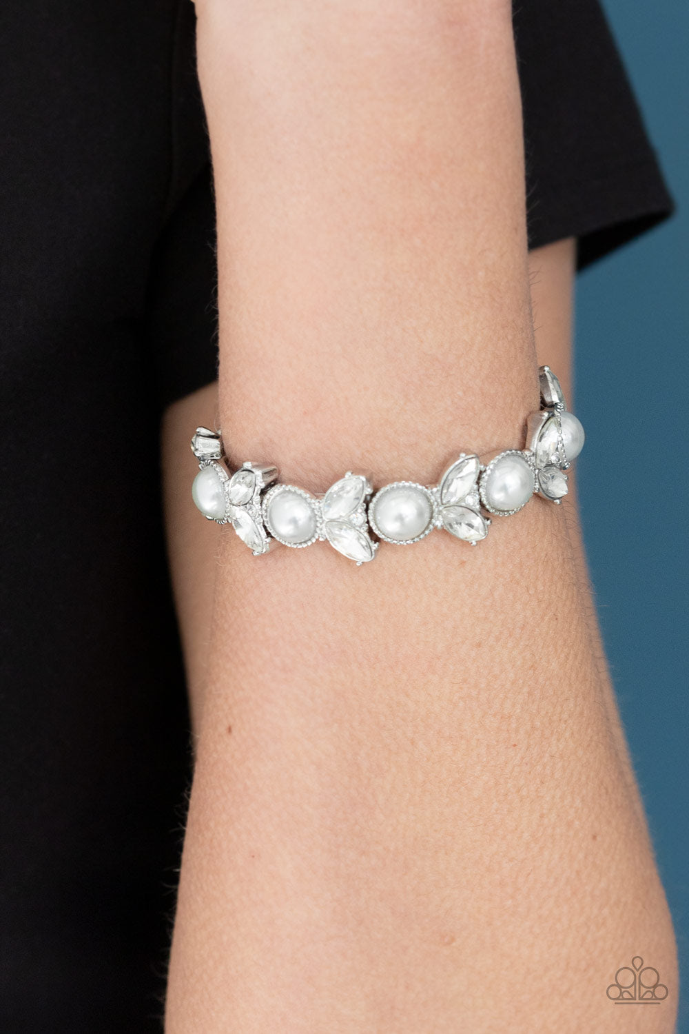 Paparazzi Opulent Oasis - White - Pearls & Rhinestones - Leafy Silver - Stretchy Band Bracelet - $5 Jewelry with Ashley Swint
