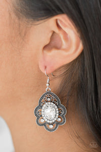 Paparazzi Reign Supreme - White - Rhinestones - Antiqued Silver Earrings - $5 Jewelry with Ashley Swint