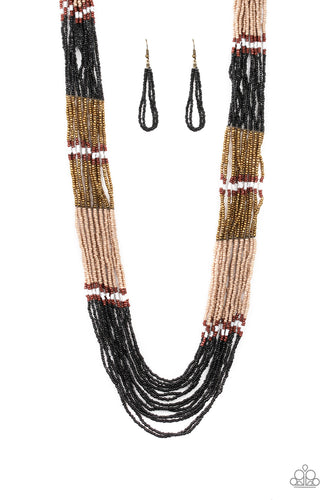 Paparazzi Rio Roamer - Black - Brass, Brown, Tan and White Seed Beads - Necklace and matching Earrings - $5 Jewelry With Ashley Swint