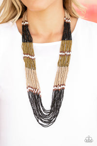Paparazzi Rio Roamer - Black - Brass, Brown, Tan and White Seed Beads - Necklace and matching Earrings - $5 Jewelry With Ashley Swint