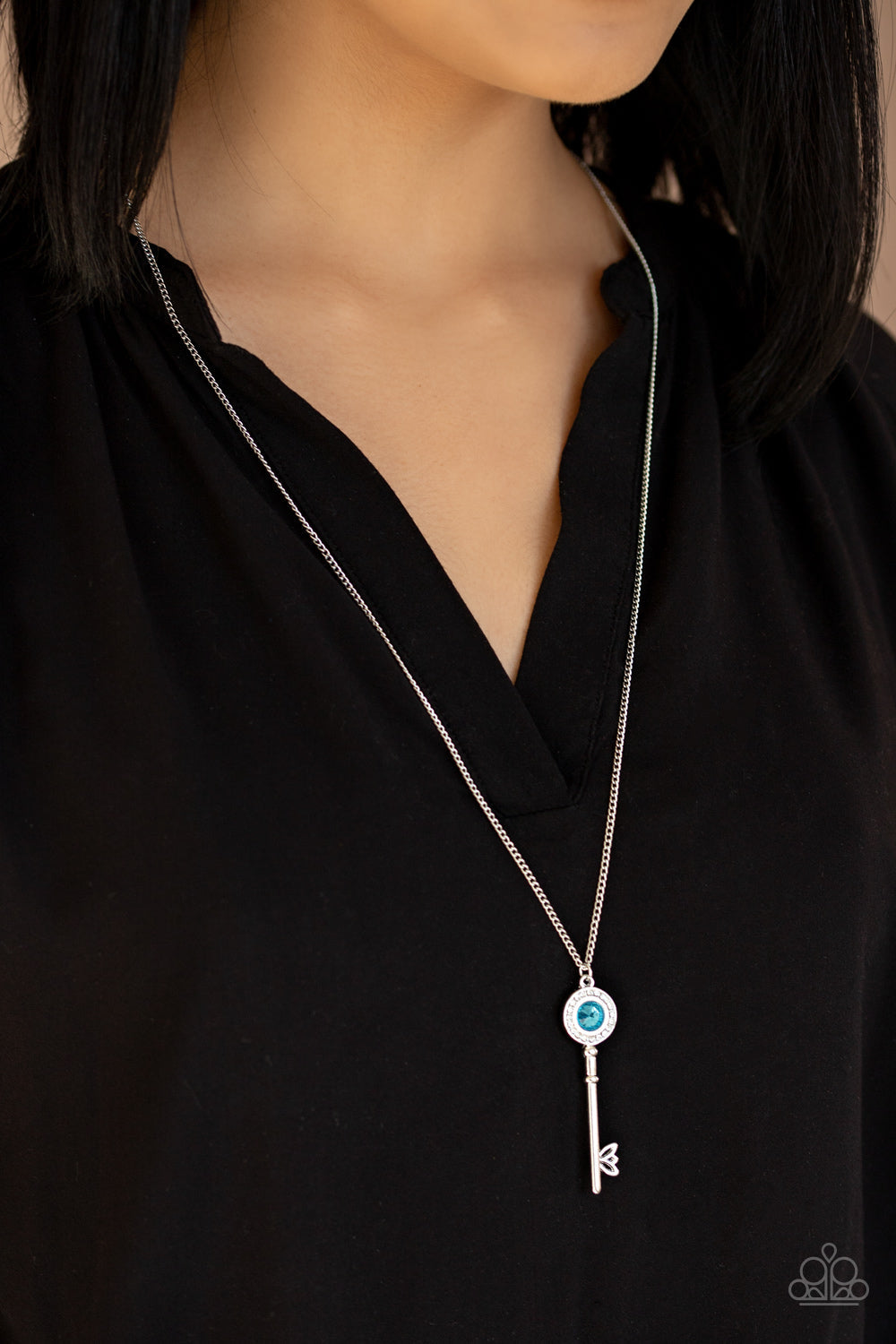 Paparazzi Secret Shimmer - Blue - Gem Center - White Rhinestones - Key Necklace & Earrings - $5 Jewelry with Ashley Swint
