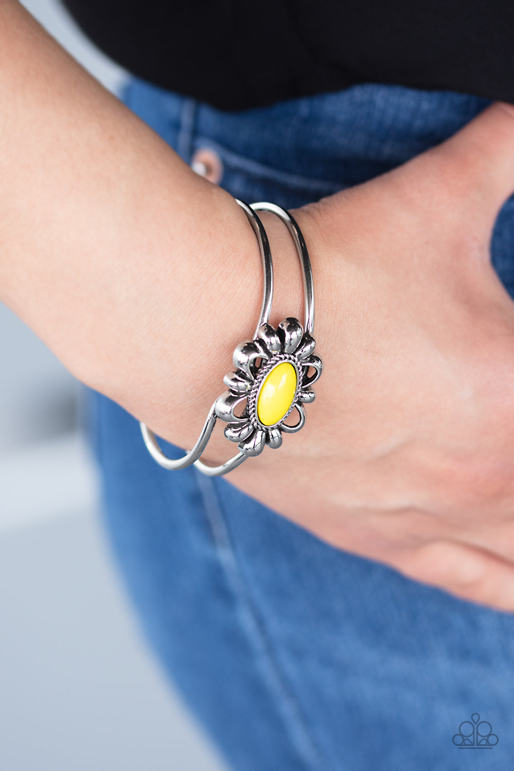 Paparazzi Serene Succulent - Yellow - Mosaic Bead - Shiny Silver Floral Frame - Hinged Bracelet - $5 Jewelry with Ashley Swint