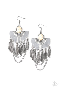 Paparazzi Sure Thing, Chief! - White Stone - Silver Feather Fringe - Earrings - $5 Jewelry with Ashley Swint