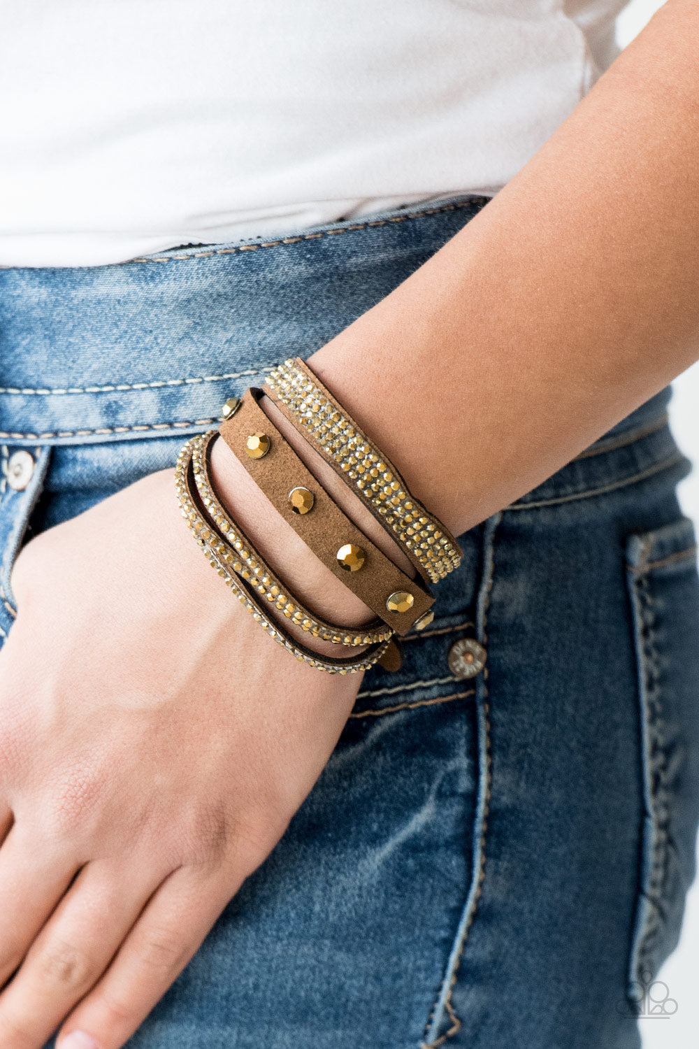Paparazzi Totally Rockable - Brass - Rhinestones - Double Wrap Snap Bracelet - $5 Jewelry With Ashley Swint