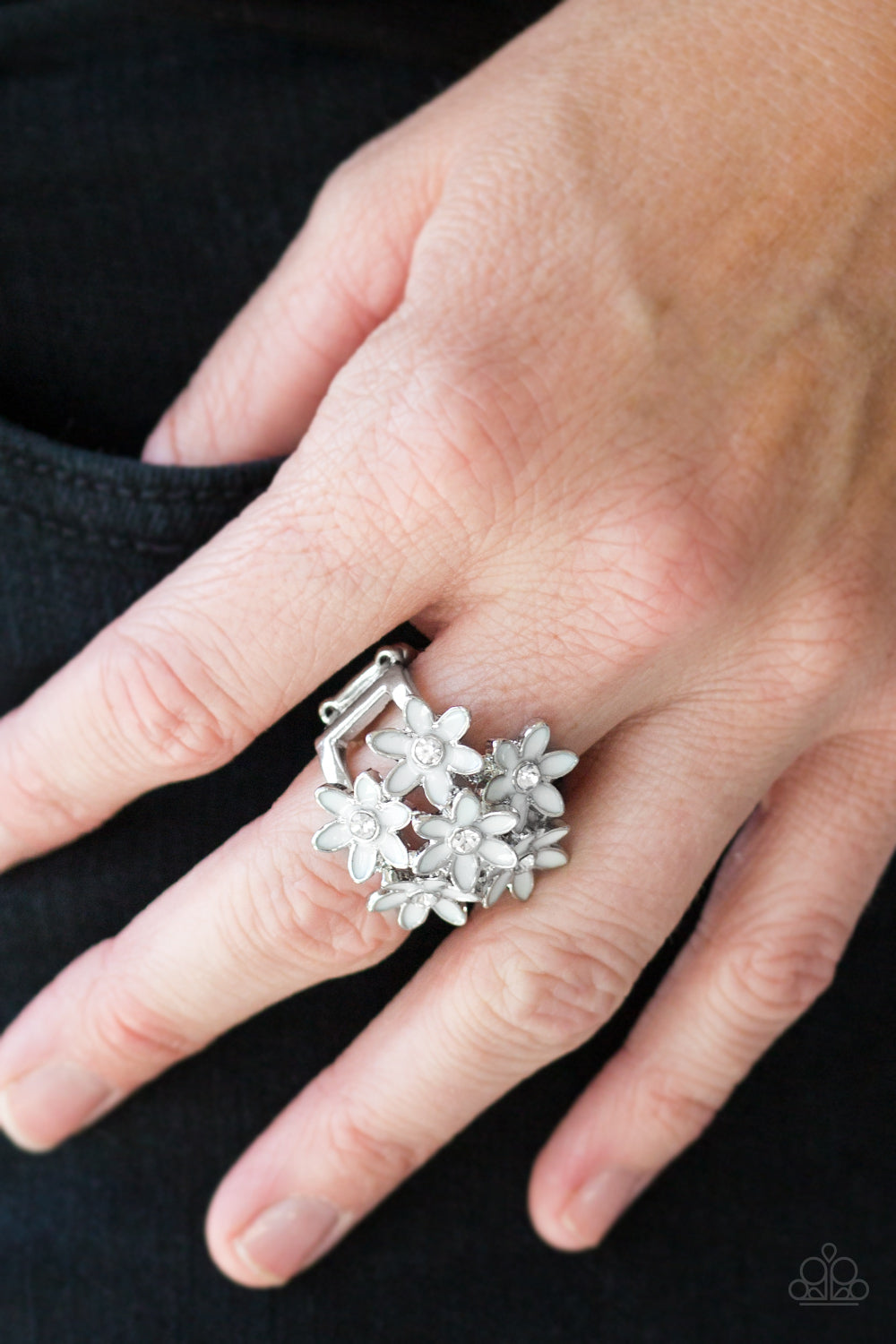 Paparazzi Blooming Bouquets - White Daisy - Rhinestones - Silver Ring - $5 Jewelry With Ashley Swint