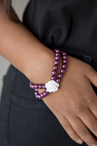 Paparazzi Posh and Posy - Purple Pearls - White Rose - Stretchy Bands - Bracelet - $5 Jewelry With Ashley Swint
