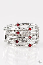 Load image into Gallery viewer, Paparazzi Scale Up - Red Rhinestones - Silver Hammered Ring - $5 Jewelry With Ashley Swint