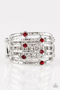 Paparazzi Scale Up - Red Rhinestones - Silver Hammered Ring - $5 Jewelry With Ashley Swint