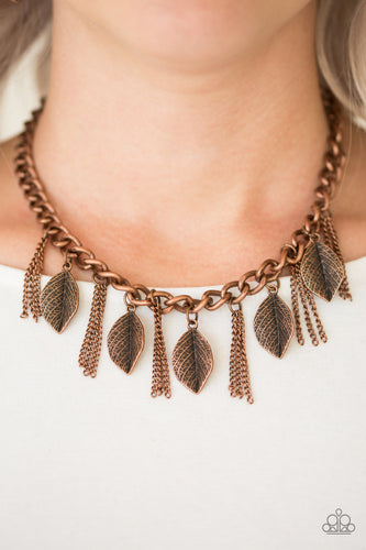 Paparazzi Serenely Sequoia - Copper - Leaves - Tassels - Leafy Fringe Necklace and matching Leaf Earrings - $5 Jewelry With Ashley Swint