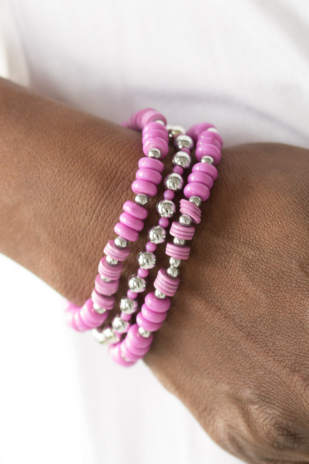 Paparazzi Tenaciously Tenacious - Purple - Silver Beads - Set of 3 Stretchy Band Bracelets - $5 Jewelry With Ashley Swint