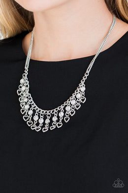 Paparazzi Valentines Day Drama - White - Silver Hearts, Rhinestones - Necklace & Earrings - $5 Jewelry With Ashley Swint