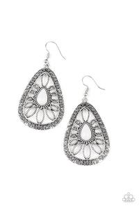 Paparazzi Floral Frill - White - Ornate Silver Teardrop - Earrings - $5 Jewelry with Ashley Swint