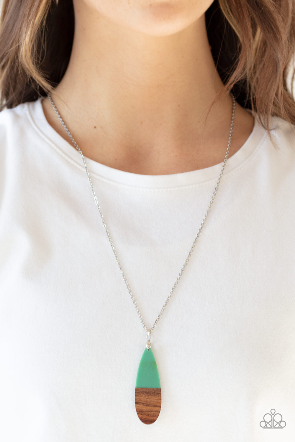Paparazzi Going Overboard - Green - Wooden Pendant - Silver Chain Necklace & Earrings - $5 Jewelry with Ashley Swint