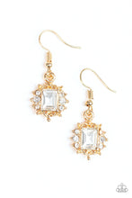 Load image into Gallery viewer, Paparazzi Cant Stop The REIGN - Gold - Emerald Cut White Gem - Rhinestones - Gorgeous Earrings - $5 Jewelry With Ashley Swint