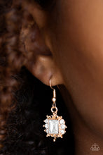 Load image into Gallery viewer, Paparazzi Cant Stop The REIGN - Gold - Emerald Cut White Gem - Rhinestones - Gorgeous Earrings - $5 Jewelry With Ashley Swint