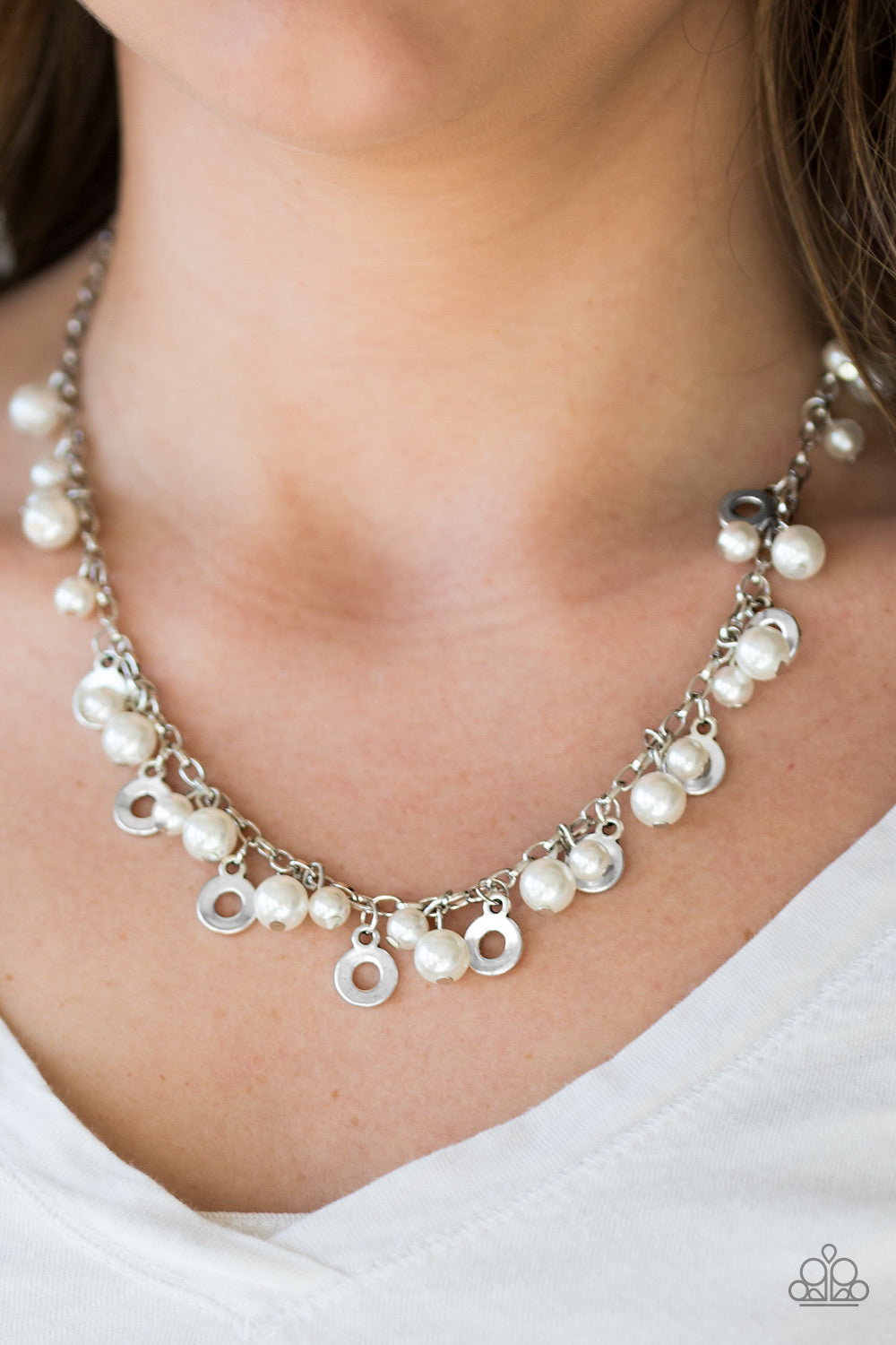 Paparazzi Elegant Ensemble - White Beads - Shimmery Silver Chain Necklace & Earrings - $5 Jewelry With Ashley Swint